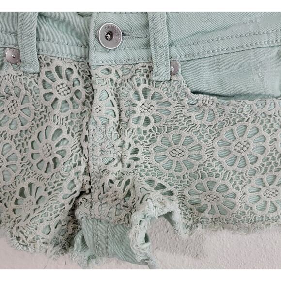 Dollhouse Crazy Sexy Cool Mint Green Crochet Denim Shorts 3 Distressed Soft - Picture 5 of 5
